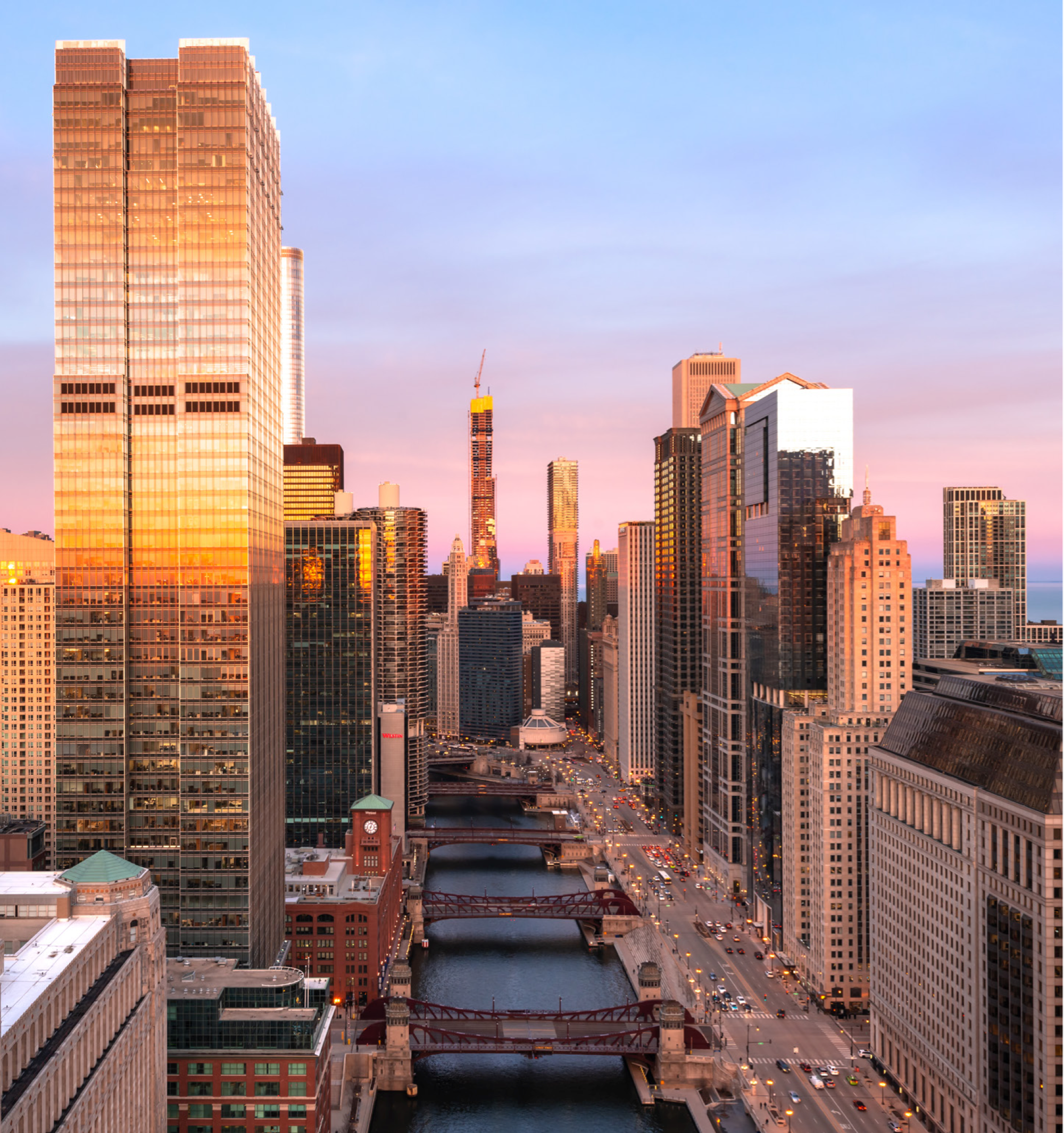 View down chicago river at sunset